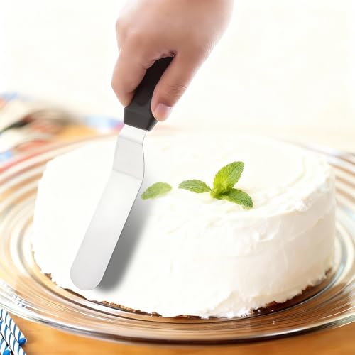 Bestac Stainless Steel Cake Spatula Set - 6&8 Inch Flanged Edge Angled Offset Non-Slip Handle 2-Piece Ideal for Cake Frosting/Decorating Home Baking & Bakery (Black)