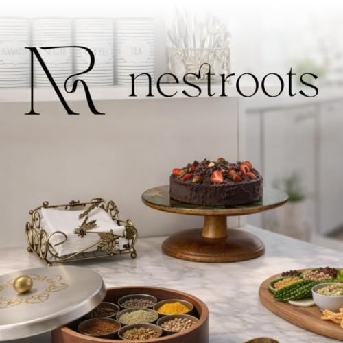 nestroots Cake Stand, Wood with Steel Base, Round Cupcake Stand (Mango Wood (10" x 4.5"))