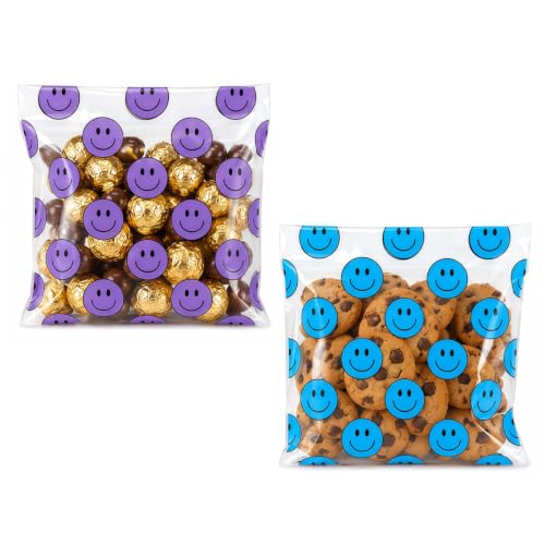 Eunoir Happy Face Goody Bags, Self Sealing Cookie Bags (100pcs purple blue) - color: 100pcs purple blue