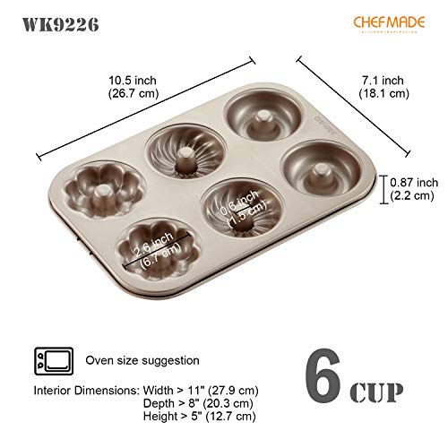 CHEFMADE Donut Mold Cake Pan, 6-Cavity Non-Stick Pattern Doughnut Bakeware for Oven Baking (Champagne Gold) - size: 04 - Fancy 6 Cups