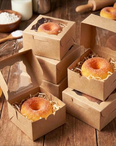 qiqee 200Pcs Brown Bakery Box with Window 4"x4"x2.5" - color: Brown, size: 4" x 4" x 2.5" / 200 Pcs