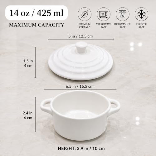 Mini Dutch Oven Set of 4, 14 oz Ceramic Mini Dutch Ovens with Lids and Handles, Ramekins with Lids for French Onion Soup, Pot Pies, Soufflés and Baked Desserts, Oven Microwave Dishwasher Safe, Mini Cocotte, White - color: White