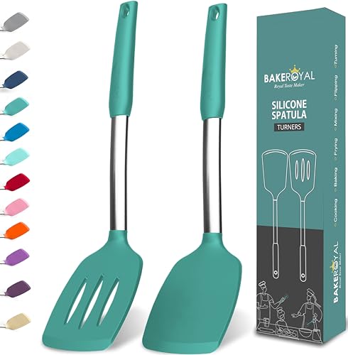 BakeRoyal Silicone Spatula Set - Turner Spatulas Silicone Heat Resistant 600°F - Slotted & Solid Spatula for Cooking Fish, Eggs, Pancakes Flipper – Spatulas for kitchen use – Turquoise - color: Turquoise