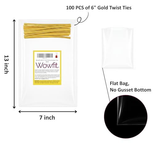 Wowfit 100 CT 7x13.2 Clear Cellophane Gift & Favor Bags, 6" Gold Twist Ties - size: 7x13.2 Inch (Pack of 100)