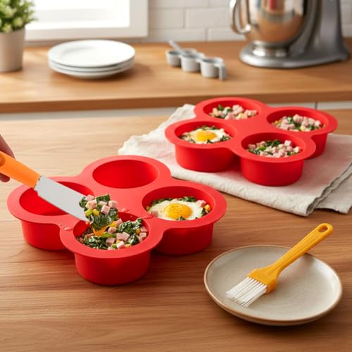 2 Pack Silicone Egg Bite Molds, with 1 Spatula & 1 Brush - color: Red
