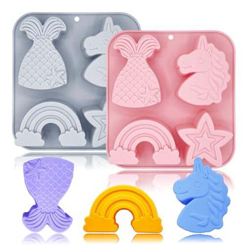 2 Pack Unicorn Molds Silicone 4 Cavity 3D Big Cartoon Themed Baking Mould Tray with Mermaid Rainbow Star for Baby Shower Birthday Party Chocolate Cake Mousse Pastry Soap Crayons Cupcake Topper - style: 4 Cavity Big Unicorn Molds