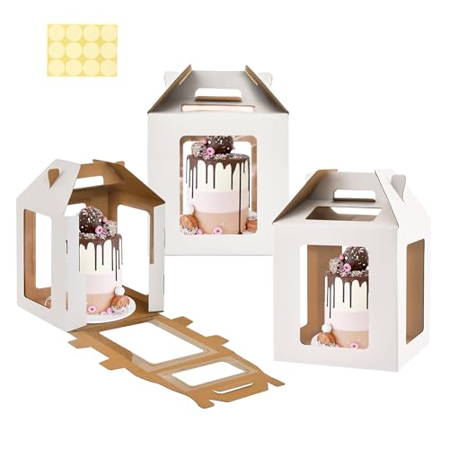 Tall Cake Box with Windows, 10x10x10 inches, Handle, Transport Container for Tiered Cakes, White, 3 Pack - color: white-10x10x10-3P