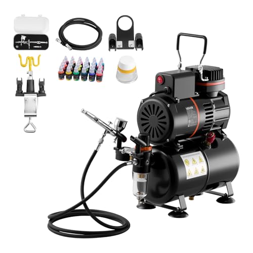 VEVOR Airbrush Kit, 1/6 HP, Air Brush Kit with Air Compressor and Tank, 1 Dual-Action Professional Airbrush with 1 Tip, Hose, Acrylic Paint, 2 Fans, for Cake Decorating, Model Painting, Nail Art - color: 24 Colors Set