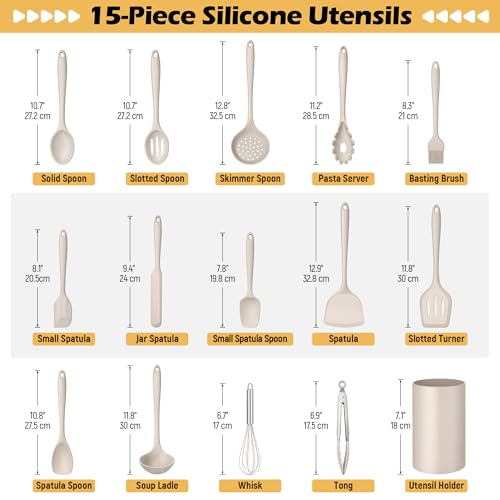 Homikit 15-Piece Kitchen Cooking Utensil Set, Silicone Utensils with Holder - color: Khaki