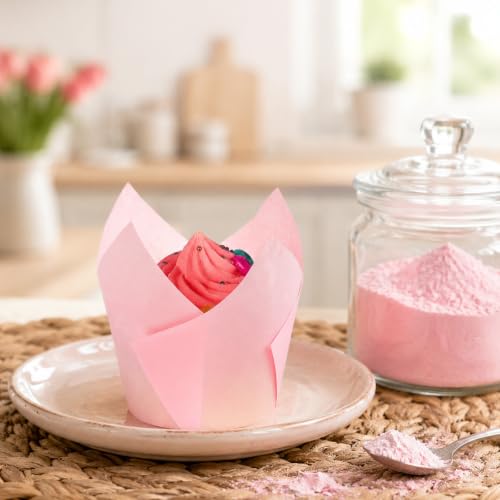 Pink Tulip Cupcake Liners 50PCS, Muffin Greaseproof paper Baking Cupcake Cups, Natural Tulip Baking Cup Case for Birthday Wedding Party Baby Showers Catering Restaurants