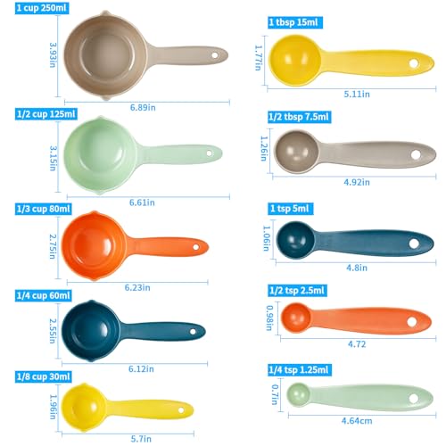 10 pcs Measuring Cups & Spoons Set, Kitchen Gadgets, Measuring Cups with Non-slip Handles for Baking & Cooking, Space-Saving Multicolor Design, Dishwasher Safe