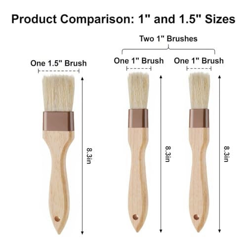 3 Pcs Natural Bristle Pastry Brush, Basting Brush for Baking and Grilling, Heat Resistant Cooking Brush for Butter, Oil and Marinade