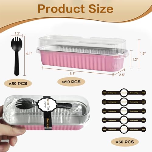 100 Pack Mini Cake Pans with Lids and Spoons, Mini Loaf Baking Pans 6.8oz, Small Disposable Aluminum Foil Loaf Pans, Rectangular Baking Containers for Party and Picnics, Cheesecake Pans (Pink) - color: Pink