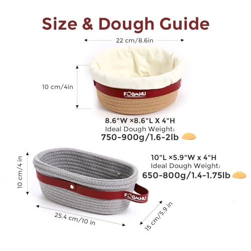 2-Pack Banneton Bread Proofing Baskets – Sourdough Starter Kit for Home Bakers, Cotton Rope Bannetons with Liners, Hanging Hooks & Dough Guide (1 Round + 1 Oval)