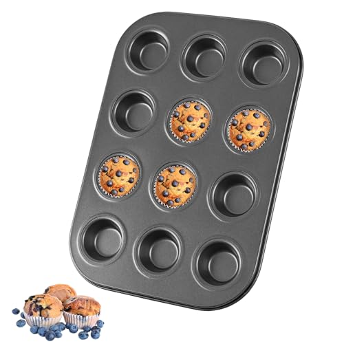 Mini Muffin Pan, Premium Small Cupcake Pans, Carbon Steel 12-Cup Muffin Tin, Versatile Non-Stick Bakeware - color: Black