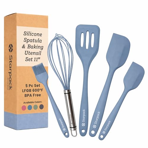 Starpack Flip and Whip Silicone Baking Utensils Set (5-Piece) - LFGB Non Toxic, 600°F Heat Resistant, BPA-Free - Whisk and Rubber Spatula Set with Pastry Brush - Dishwasher Safe, Nonstick Light Blue - color: Light Blue