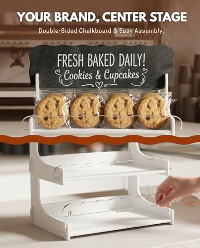 HOTCAN Cookie Display Stand for Bakers & Vendors with Acrylic Front | Wooden Dessert Stand with Chalkboard Sign for Market Booths, Craft Fairs & Events | 4 Tiered Cookie Display for Cupcakes, Muffins & Pastries (White) - color: White, size: 4 Tier