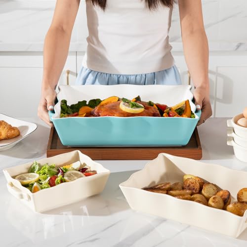 Sweejar Casserole Dishes for Oven, Ceramic Bakeware Set of 3, Rectangular Baking dish with Handles, Wave Edge Lasagna Pan Deep for Cooking, Cake, Dinner, Banquet and Daily Use (Baking dish(Set of 1), Turquoise New) - color: Turquoise New, style: Baking di