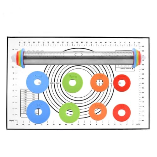 Rolling Pin and Silicone Baking Pastry Mat Set, Stainless Steel Dough Roller with Adjustable Thickness Rings, for Pizza, Pie, Pastries, Pasta, Cookies (Black) - color: Black