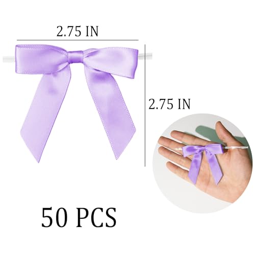 50 Pcs Satin Bows with Twist Ties, 2.5 Inch Gift Wrapping Bows, Lavender - color: Purple