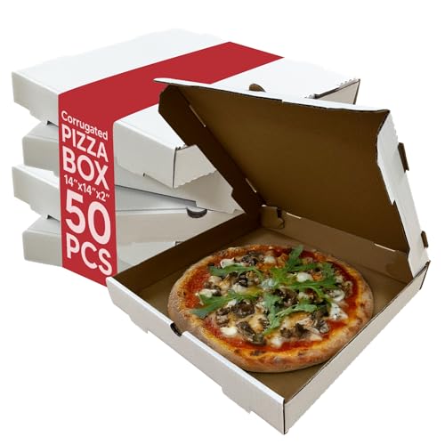 BULK Disposable Pizza Boxes 50 Pack | 14 Inch | Brown Kraft or White | E-Flute | White - color: White-Kraft, size: 14 x 14 x 2