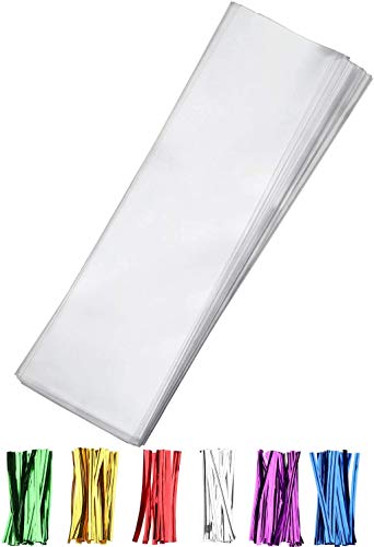 100 pcs Clear 2" x 10" Flat Cello Cellophane Bags Long chocolate covered pretzels Treat Bags chocolate bars bags candy bags for Gift Wrapping, Bakery, Cookie, Dessert, Party Favors Packaging with Color Twist Ties - size: 2x10 Inch (Pack of 100)