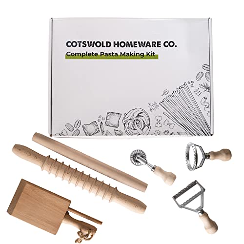 Complete 6 Pcs Pasta Making Tool Set Includes Two Ravioli Stamp Maker Cutter And Roller Wheel Set, Two Pasta Rolling Pins, Gnocchi Board By Cotswold Homeware Co - style: Complete - 6 piece