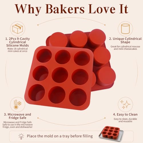 2Pcs Tall Cylinder Silicone Molds for Mousse Cake, 9-Cavity 3D Cylinder Shape Silicone Baking Mold for Mini Cheesecake, Brownie, French Dessert Pastry - color: 9-Cavity Tall Cylinder Silicone Molds
