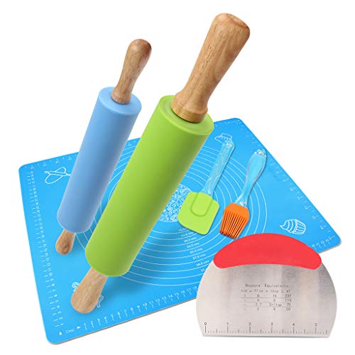 1Set Rolling Pin Pastry Mat Set Non-Stick 6 in 1 Dough Roller Baking Kit with Pastry Cutter Reusable Kneading Mat Scraper Basting Brush