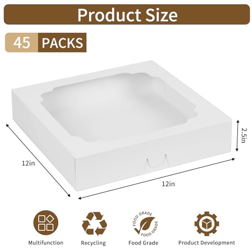 Moretoes 45pcs Pie Boxes 12x12x2.5 Inches White Bakery Boxes with Window
