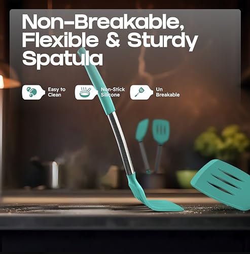 BakeRoyal Silicone Spatula Set - Turner Spatulas Silicone Heat Resistant 600°F - Slotted & Solid Spatula for Cooking Fish, Eggs, Pancakes Flipper – Spatulas for kitchen use – Turquoise - color: Turquoise