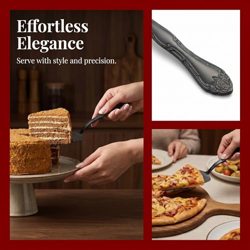 3-Piece Matte Black Cake Server Set with Rose Handle - color: Black