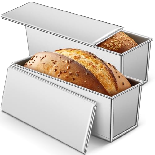 2 Pack 2 lb 13 x 4 Inch Pullman Loaf Pan with Lid Dough Capacity Bread Loaf Pan with Cover, Nonstick and Quick Release Coating for Home Bakeware Bread Toast Oven Baking(Silver)