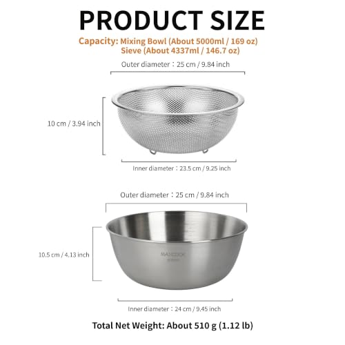 Stainless Steel Colander and Mixing Bowl Set (4.6 QT and 5.3 QT) - size: 1*4.6 QT Colander and 1*5.3 QT Mixing Bowl Set