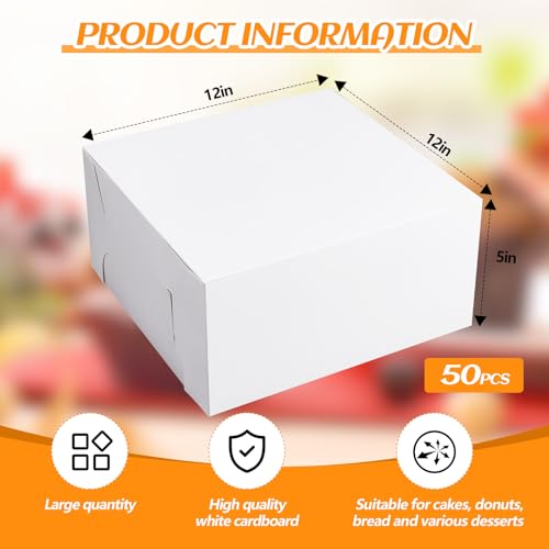 Ireer 50 Pack White Cake Boxes 12 x 12 x 5 Inch Cake Transport Container - size: 12 x 12 x 5 Inch