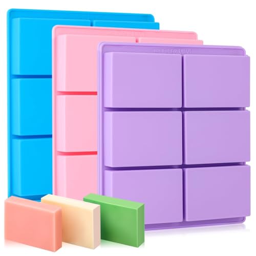 SJ Rectangle Soap Mold Set, 3-Pack 6-Cavity Silicone Soap Molds - color: Pink+Blue+Purple / Rectangle