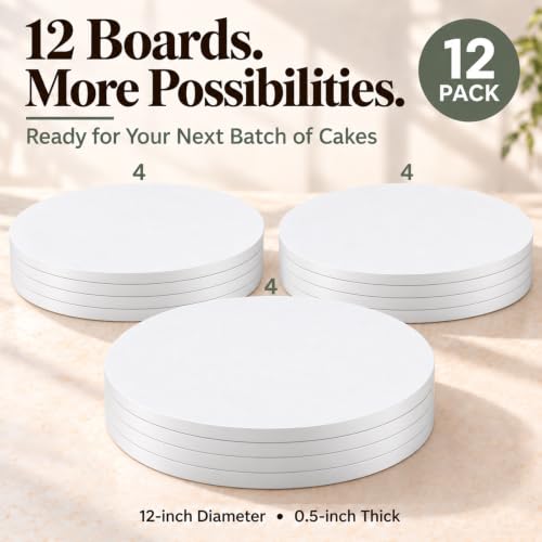 12 Inch Cakeboard 12 Pack, 1/2 Inch Thick Round Cake Boards, Bend Resistant & Sturdy White Cake Cardboard for Presenting Heavy/Tall Tiered Cakes, Base Para Pastel - size: 12 inch