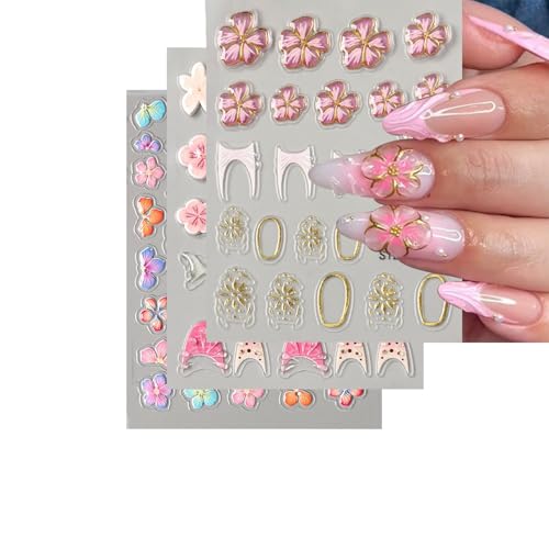 Stickers para Uñas Nail Stickers Self-Adhesive Sticker Gold Pink 3D Flower Embossed Calcomanías para Uñas Colorful Floral Art Design Accessories Hight Quality 3 Sheets - color: 3d Flower Style10