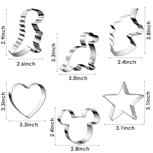 Stainless Steel Cookie Cutters, Mickey Unicorn Dinosaur Heart Star - color: 6 Pieces silver