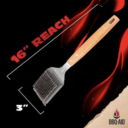 BBQ-Aid Grill Brush and Scraper for Barbecue – Grill Brush for Outdoor Grill with Extended, Large Wooden Handle and Replaceable Stainless Steel Bristles Head –No Scratch- BBQ Grill Brush for Any Grill - color: Grill Brush & Scraper