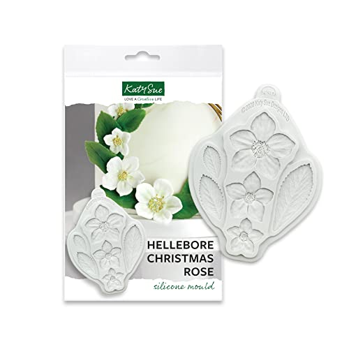 Katy Sue Hellebore Christmas Rose Silicone Mold for Christmas Cake Decorating and Crafts - Makes 3 Flowers & 3 Leaves - size: Flower heads 52, 38, 28mms