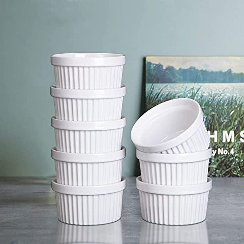 8 Oz Ramekins Set of 8, Ceramic Ramiken Oven Safe, Stackable Souffle Cups, Creme Brulee Ramekins for Baking, Dessert, Ice Cream, Snack, Souffle Dishes (White)