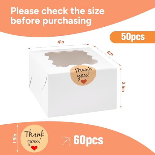 50Pcs Cookie Boxes with Window, 4×4×2.5 Inches White Paper Treat Boxes - size: 4x4x2.5 inches