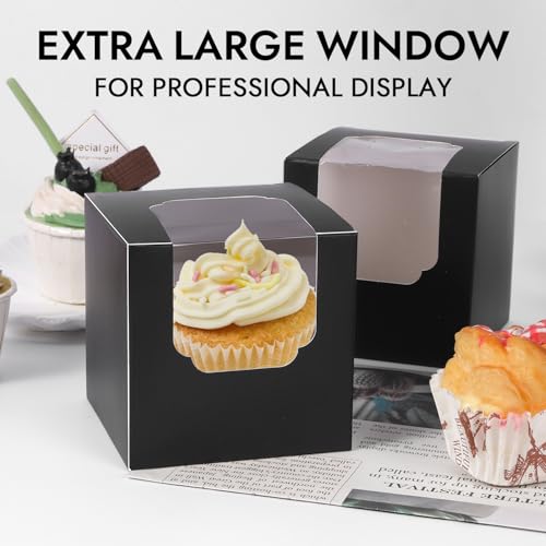 JCD 120 Boxes+120 Inserts Black Cupcake Boxes Individual Cupcake Container 3.5" x 3.5" x 3.5" Auto-Pop up Single cake Box for Bakery Gift Giving (Black/120Pcs) - color: Black/120Pcs