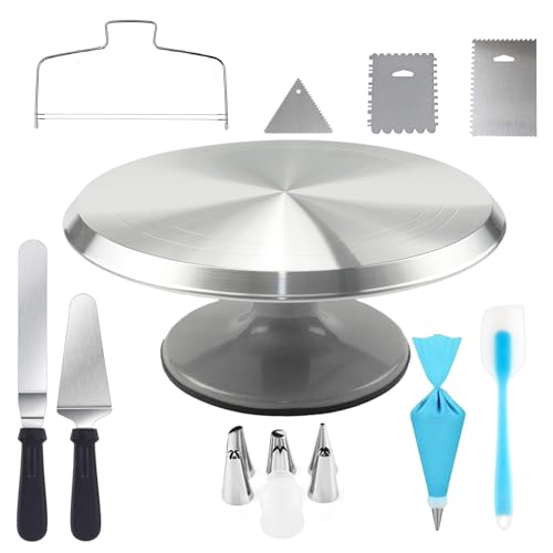 Aluminium Cake Turntable Set with Revolving 12 Inch Cake Stand for Decorating, Offset Spatula, Cake Server, Stainless Steel Frosting Icing Smoother, Pastry Bags and Other Baking Tools（16Pcs）