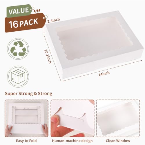 16pcs Bakery Boxes with Window, 14x10x2.5 Inch cookie Boxes, White - color: White, size: 14*10*2.5inch/16pcs