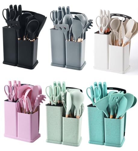 19 Pieces Kitchen Utensils and Knife Set with Block, Inldued 9 Pieces Silicone Cooking Utensils Set 5 Pieces Sharp Stainless Steel Chef Knives Scissors Whisk Tongs and Cutting Board (TEAL) - color: Teal