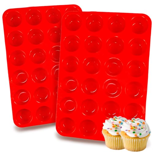 2 Pack Silicone Mini Muffin Pan, Non-Stick 24 Cups Cupcake Pan, BPA Free and Dishwasher Safe, Perfect for Making Muffin Cakes, Tart, Bread（Red）