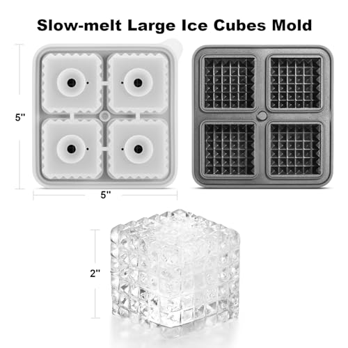 Nax Caki 3D Square Ice Cube Tray, Large Square Silicone Fun Shapes Whiskey Ice Mold with Funnel for Cocktails, Bourbon,Brandy, Whiskey Gifts for Men Black - style: Square Crystal