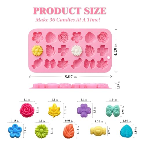 Flower Candy Molds Silicone 2PCS, KKDINDAN 9 Shapes Bite Size Chocolate Molds, Food Grade Spring Rose Daisy Flower Mold Bow Leaf Gummy Molds for Ice Jello Soap Cookie Dessert Melt - size: Flower Molds 2 Pcs